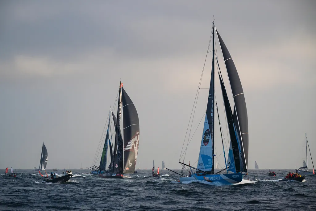 LES SABLES D'OLONNE, FRANCE - NOVEMBER 10, 2024: VULNERABLE skipper Thomas Ruyant (FRA) and Charal skipper Jérémie Beyou (FRA) are photographed during start of the Vendee Globe, on November 10, 2024 in Les Sables d'Olonne, France - (Photo by Jean-Louis Carli / Alea)