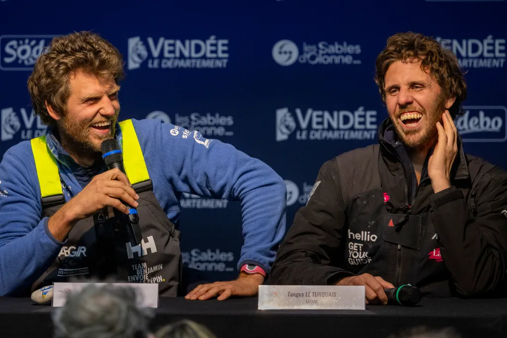 LES SABLES D’OLONNE, FRANCE - FEBRUARY 03, 2025 : Monnoyeur - DUO for a JOB skipper Benjamin Ferré (FRA) is photographed with Lazare skipper Tanguy Le Turquais (FRA) during his press conference after taking 16th place in the Vendee Globe, on February 03, 2025 in Les Sables d'Olonne, France - (Photo by Jean-Marie Liot / Alea)