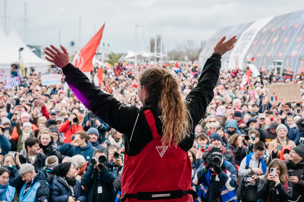 LES SABLES D’OLONNE, FRANCE - FEBRUARY 09, 2025 : DeVenir skipper Violette Dorange (FRA) is on stage after taking 25th place in the Vendee Globe, on February 09, 2025 in Les Sables d'Olonne, France - (Photo by Jean-Louis Carli / Alea)