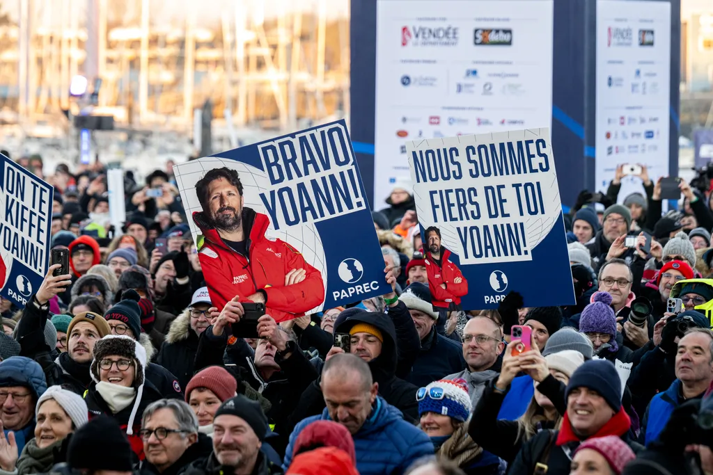 LES SABLES D'OLONNE, FRANCE - JANUARY 15, 2025 : PAPREC ARKÉA skipper Yoann Richomme (FRA) public is photographed during arrival of the Vendee Globe, on January 15, 2025 in Les Sables d'Olonne, France - (Photo by Olivier Blanchet / Alea)