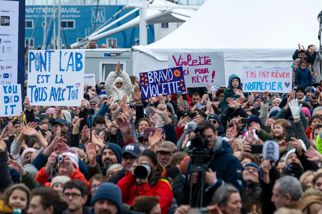 LES SABLES D’OLONNE, FRANCE - FEBRUARY 09, 2025 : DeVenir skipper Violette Dorange (FRA) is congratulated by the public after taking 25th place in the Vendee Globe, on February 09, 2025 in Les Sables d'Olonne, France - (Photo by Olivier Blanchet / Alea)