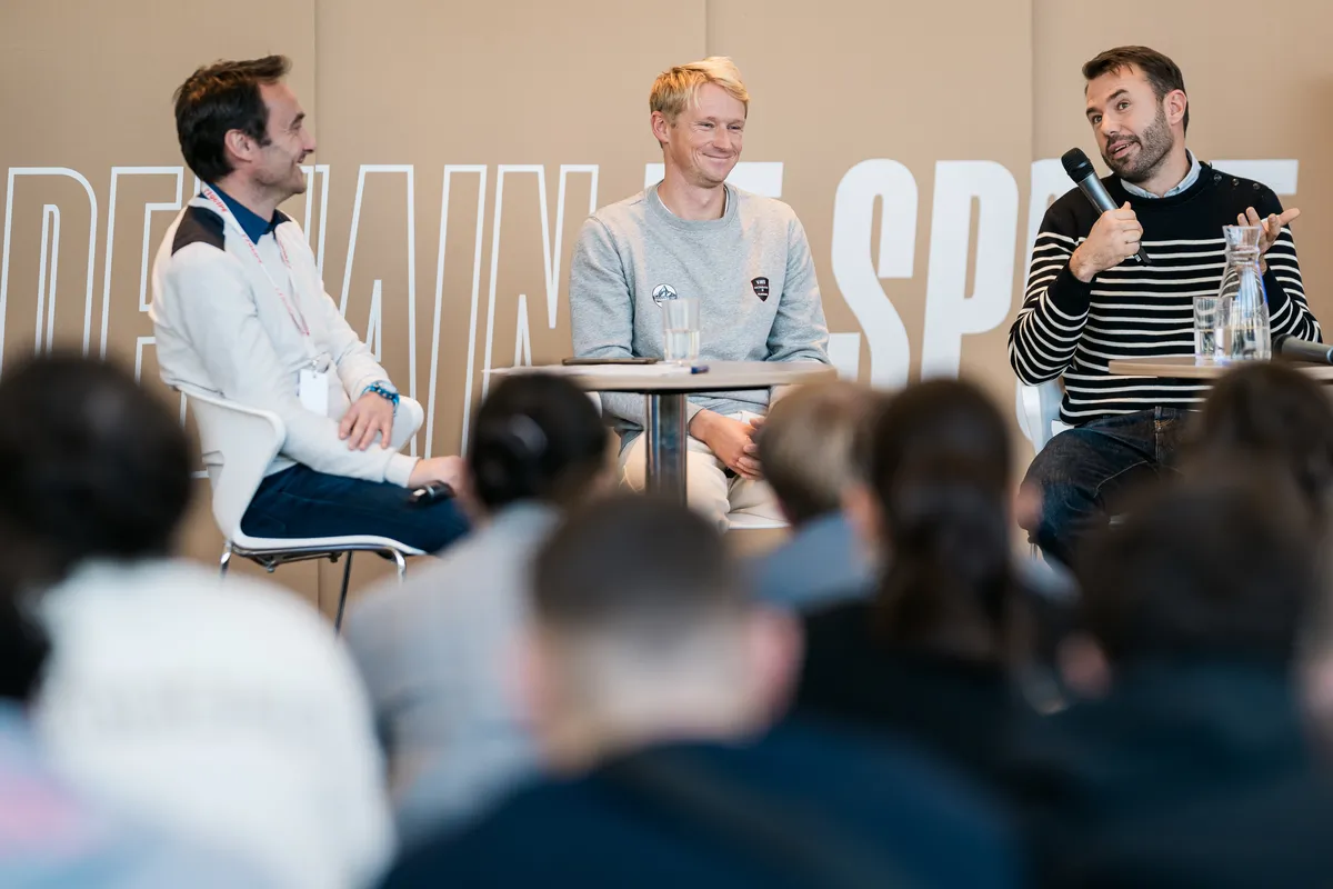 PARIS, FRANCE - NOVEMBER 28, 2024:  VandB - Monbana - Mayenne skipper Maxime Sorel (FRA) is attending a "Demain le sport" broadcast with skipper Pierre Le Roy at the Maison de la Radio, about the Vendee Globe solo sailing race, on November 28, 2024 in Paris, France - (Photo by Jean-Louis Carli / Alea)
