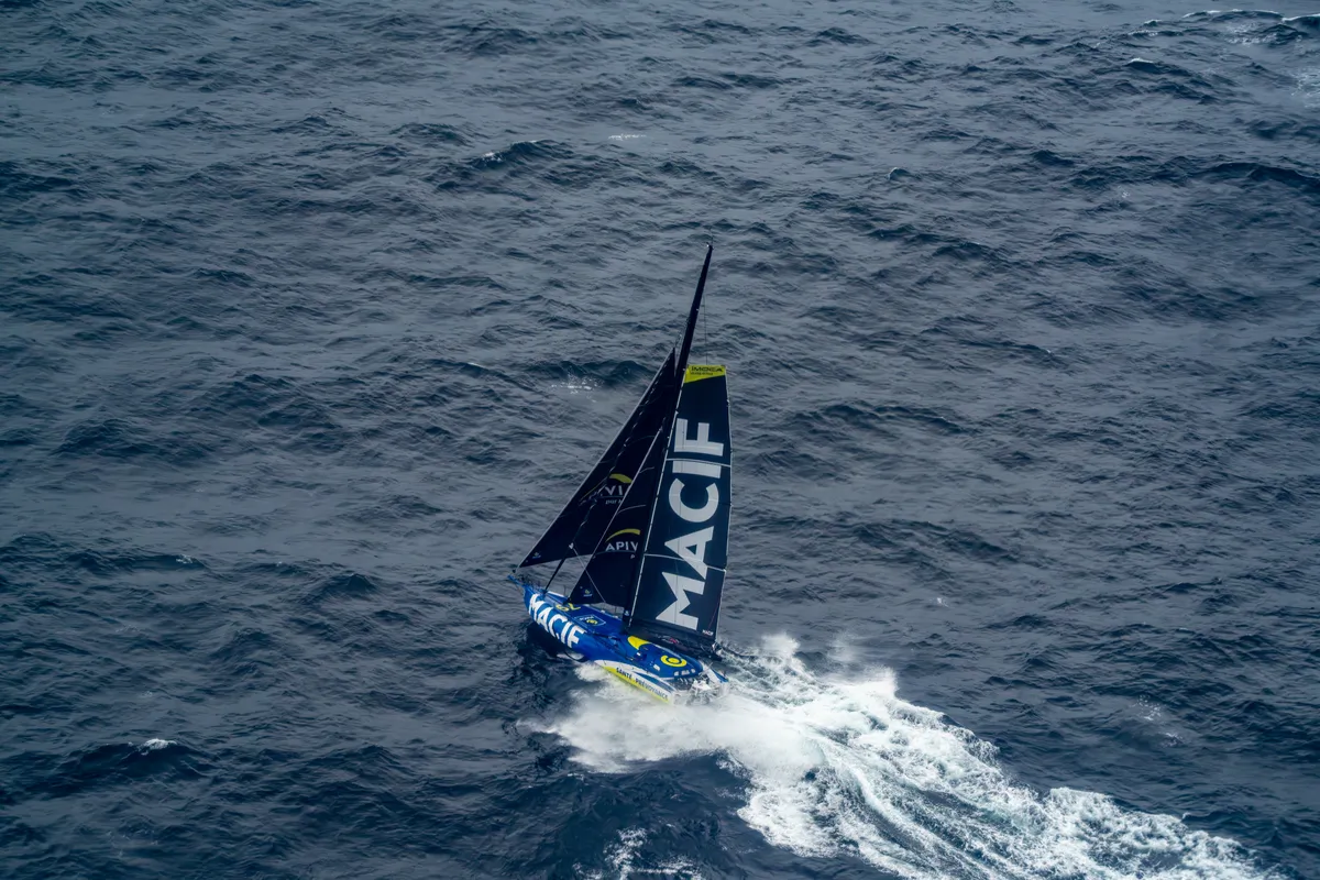 RACE, DECEMBER 24, 2024 : MACIF Santé Prévoyance skipper Charlie Dalin (FRA) is photographed rounding Cape Horn in second place during the Vendee Globe sailing race on December 24, 2024. (Photo by Vendee Globe)