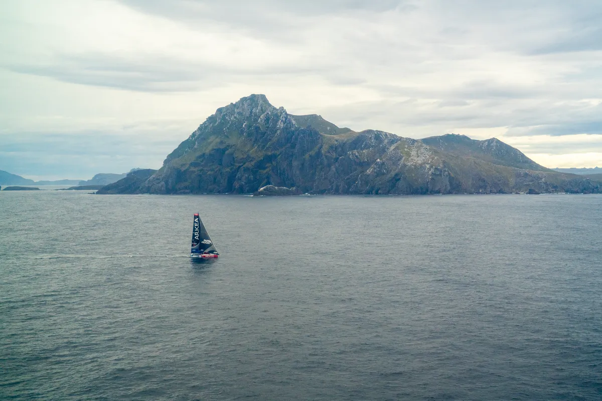 RACE, DECEMBER 24, 2024 : PAPREC ARKÉA skipper Yoann Richomme (FRA) is photographed rounding Cape Horn in first place during the Vendee Globe sailing race on December 24, 2024. (Photo by Vendee Globe)
