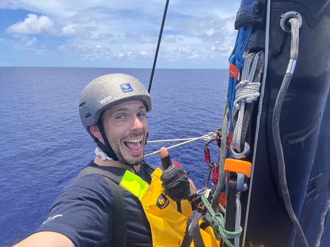 RACE, JANUARY 02, 2025 : Photo sent from the boat MACIF Santé Prévoyance during the Vendee Globe sailing race on January 02, 2025. (Photo by skipper Charlie Dalin)
Up the mast