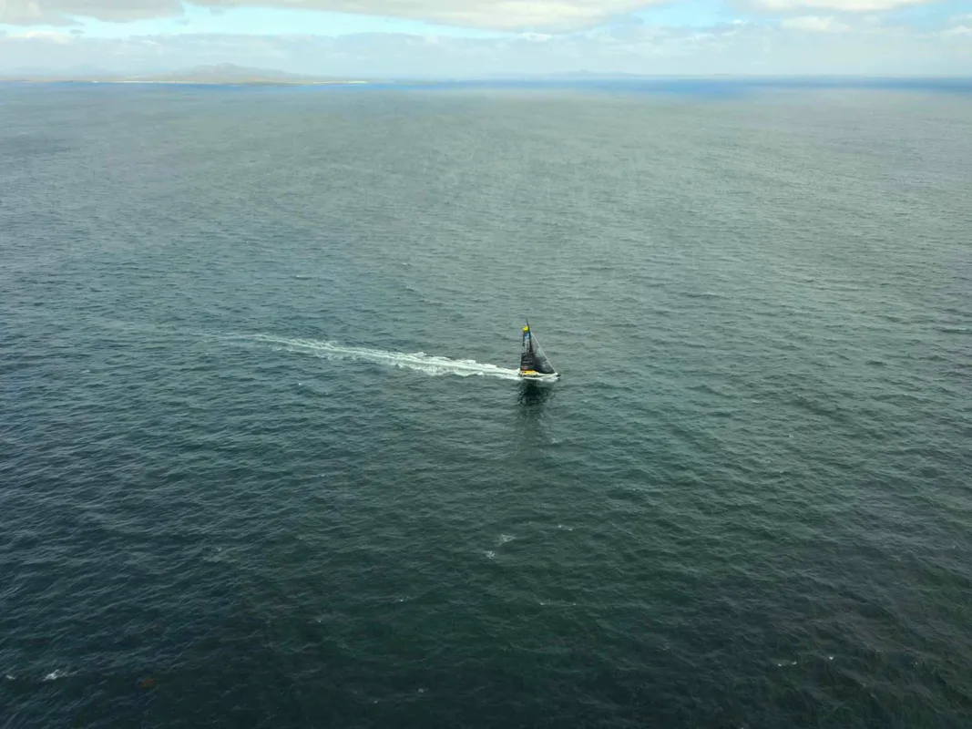 FALKLAND ISLANDS, JANUARY 5, 2025 : Photo of the boat Tout Commence en Finistère - Armor Lux skipper Jean le Cam (FRA), off Falkland islands, during the Vendee Globe sailing race and shot from the plane of Marielou Delignières, on January 5, 2025. (Photo by Marielou Delignières)
