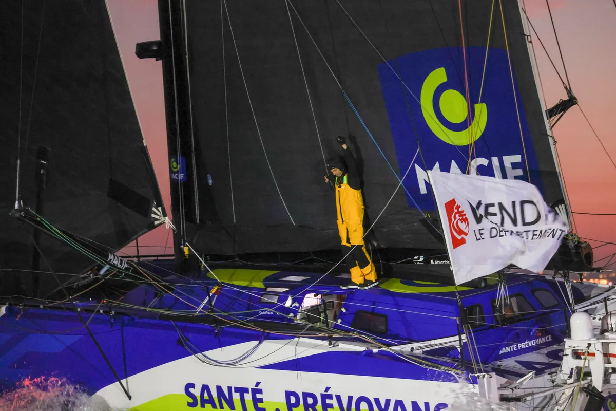LES SABLES D'OLONNE, FRANCE - JANUARY 14, 2025 : MACIF Santé Prévoyance skipper Charlie Dalin (FRA) is photographed after winning the Vendee Globe, on January 14, 2025 in Les Sables d'Olonne, France - (Photo by Jean-Marie Liot / Alea)