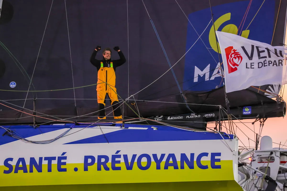 LES SABLES D'OLONNE, FRANCE - JANUARY 14, 2025 : MACIF Santé Prévoyance skipper Charlie Dalin (FRA) is photographed after winning the Vendee Globe 2024, on January 14, 2025 in Les Sables d'Olonne, France. (Photo by Jean-Marie Liot / Alea)