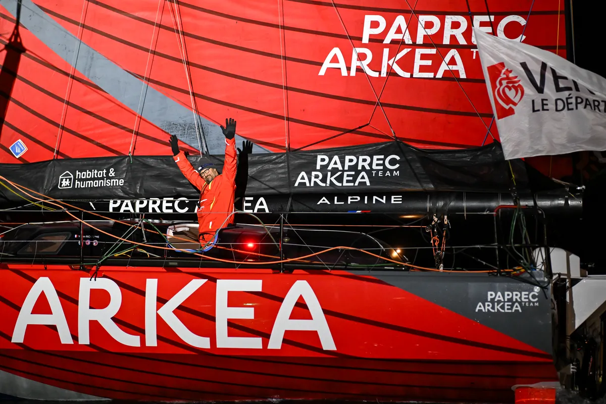 LES SABLES D'OLONNE, FRANCE - JANUARY 15, 2025 : PAPREC ARKÉA skipper Yoann Richomme (FRA) is photographed after coming in second place in the Vendee Globe 2024, on January 15, 2025 in Les Sables d'Olonne, France. (Photo by Jean-Louis Carli / Alea)