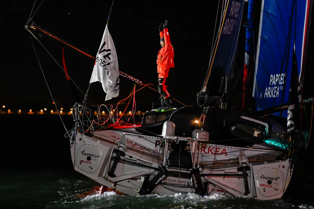 LES SABLES D'OLONNE, FRANCE - JANUARY 15, 2025 : PAPREC ARKÉA skipper Yoann Richomme (FRA) is photographed after coming in second place in the Vendee Globe 2024, on January 15, 2025 in Les Sables d'Olonne, France. (Photo by Jean-Louis Carli / Alea)