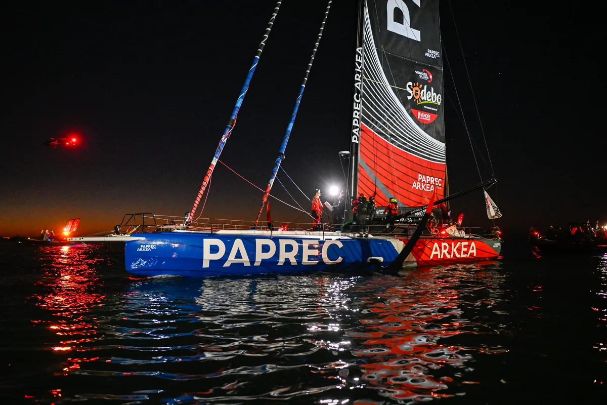 LES SABLES D'OLONNE, FRANCE - JANUARY 15, 2025 : PAPREC ARKÉA skipper Yoann Richomme (FRA) is photographed after coming in second place in the Vendee Globe 2024, on January 15, 2025 in Les Sables d'Olonne, France. (Photo by Jean-Louis Carli / Alea)