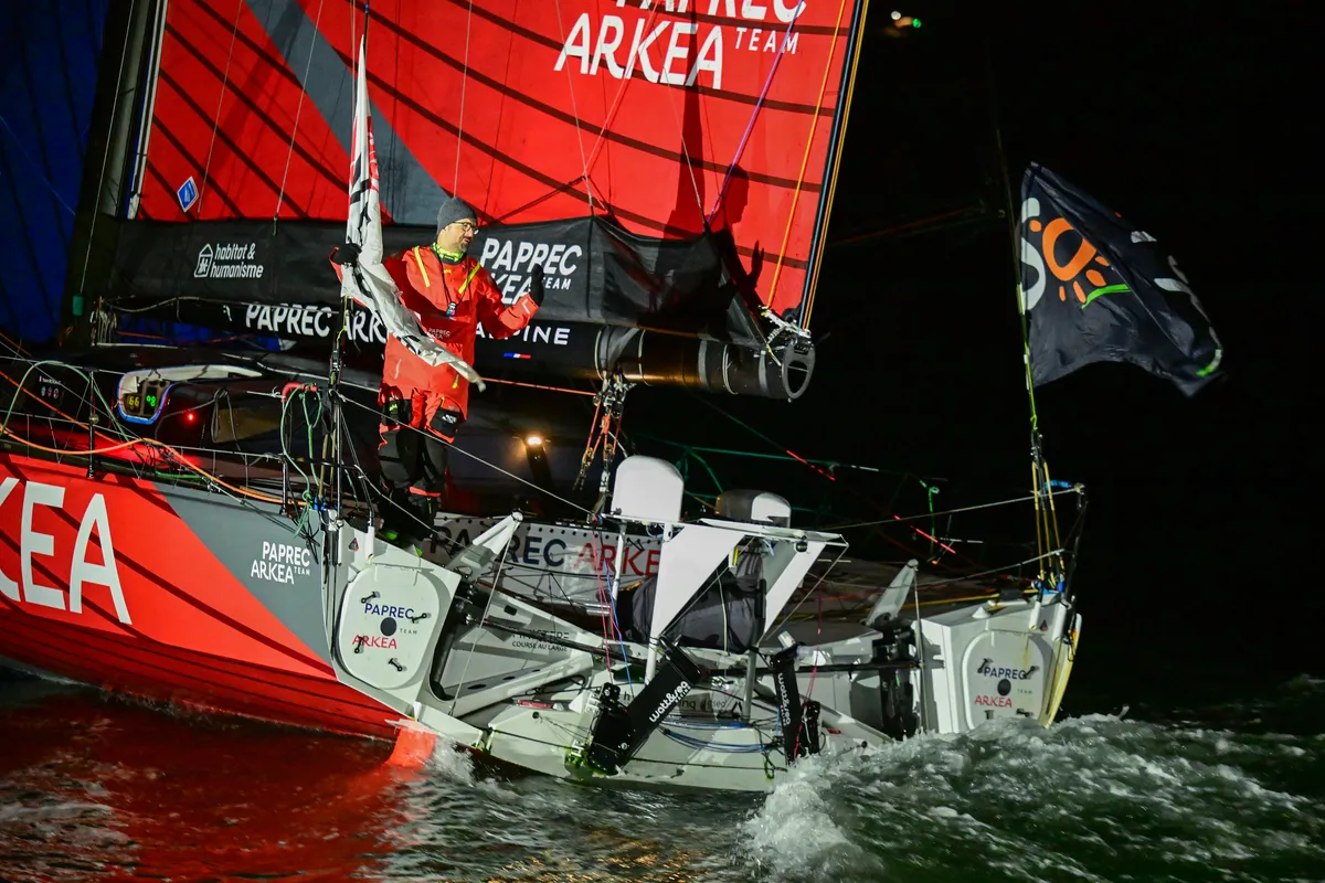 LES SABLES D'OLONNE, FRANCE - JANUARY 15, 2025 : PAPREC ARKÉA skipper Yoann Richomme (FRA) is photographed taking 2nd place in the Vendee Globe, on January 15, 2025 in Les Sables d'Olonne, France - (Photo by Vincent Curutchet / Alea)