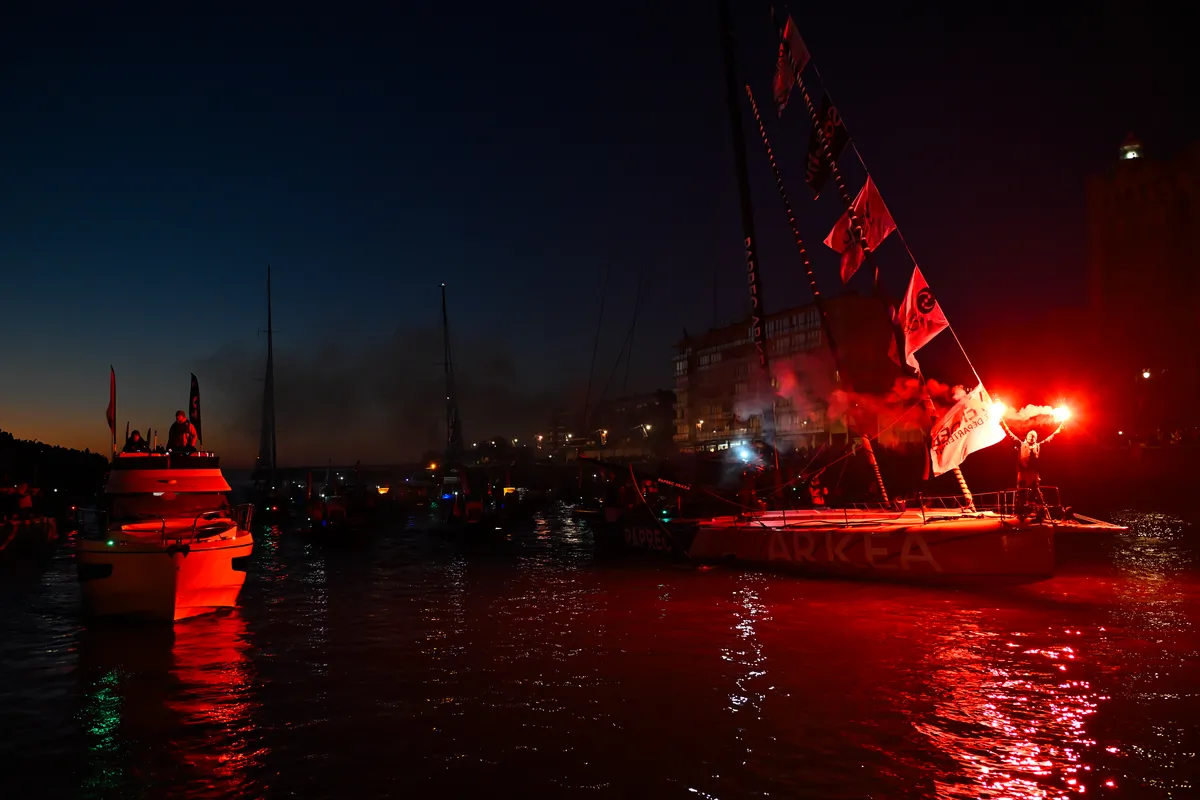LES SABLES D'OLONNE, FRANCE - JANUARY 15, 2025 : PAPREC ARKÉA skipper Yoann Richomme (FRA) is photographed in the channel, after coming in second place in the Vendee Globe 2024, on January 15, 2025 in Les Sables d'Olonne, France. (Photo by Jean-Louis Carli / Alea)