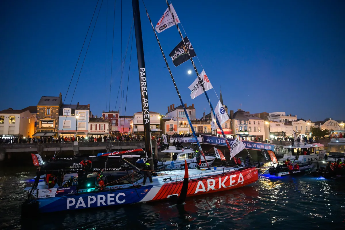 LES SABLES D'OLONNE, FRANCE - JANUARY 15, 2025 : PAPREC ARKÉA skipper Yoann Richomme (FRA) is photographed in the channel, after coming in second place in the Vendee Globe 2024, on January 15, 2025 in Les Sables d'Olonne, France. (Photo by Olivier Blanchet / Alea)