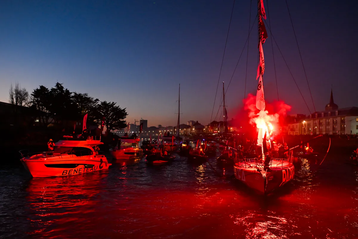 LES SABLES D'OLONNE, FRANCE - JANUARY 15, 2025 : PAPREC ARKÉA skipper Yoann Richomme (FRA) is photographed in the channel, after coming in second place in the Vendee Globe 2024, on January 15, 2025 in Les Sables d'Olonne, France. (Photo by Jean-Louis Carli / Alea)