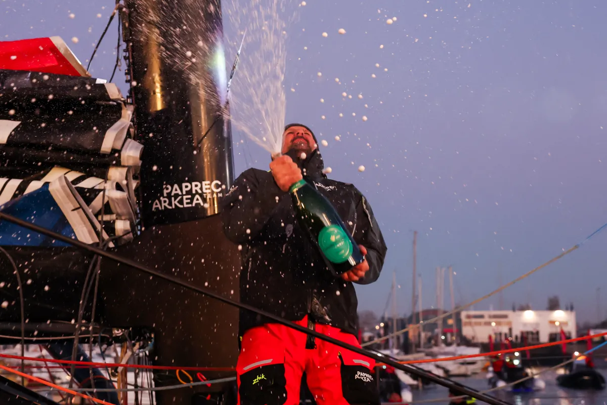 LES SABLES D'OLONNE, FRANCE - JANUARY 15, 2025 : PAPREC ARKÉA skipper Yoann Richomme (FRA) is photographed after coming in second place in the Vendee Globe 2024, on January 15, 2025 in Les Sables d'Olonne, France. (Photo by Jean-Marie Liot / Alea)