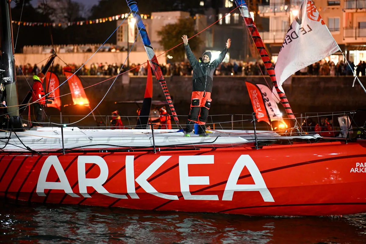 LES SABLES D'OLONNE, FRANCE - JANUARY 15, 2025 : PAPREC ARKÉA skipper Yoann Richomme (FRA) is photographed celebrating in the channel after taking 2nd place in the Vendee Globe, on January 15, 2025 in Les Sables d'Olonne, France - (Photo by Jean-Louis Carli / Alea)
