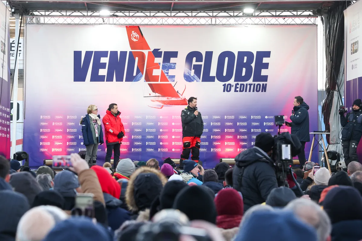 LES SABLES D'OLONNE, FRANCE - JANUARY 15, 2025 : PAPREC ARKÉA skipper Yoann Richomme (FRA) is photographed onstage after coming in second place in the Vendee Globe 2024, on January 15, 2025 in Les Sables d'Olonne, France. (Photo by Jean-Marie Liot / Alea)