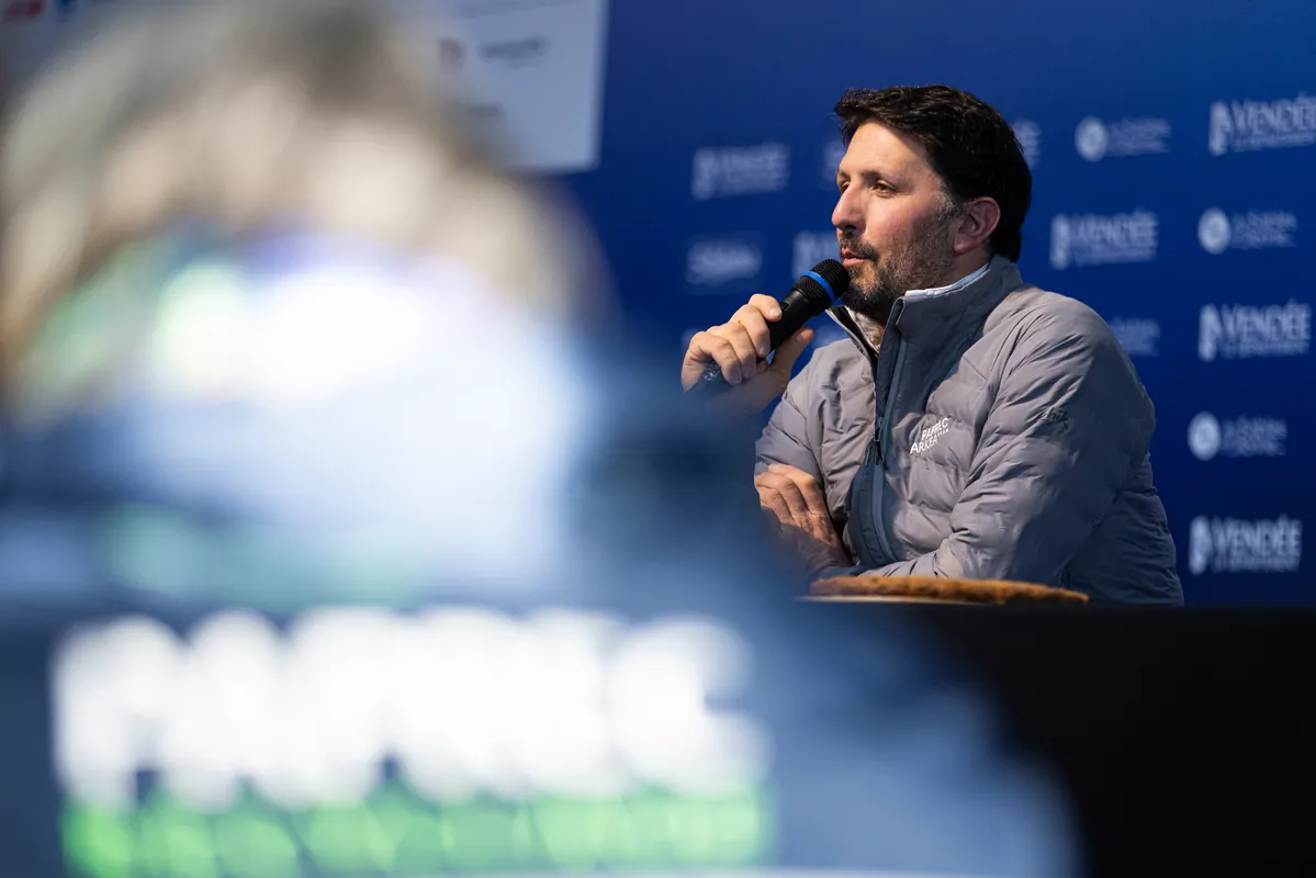 LES SABLES D'OLONNE, FRANCE - JANUARY 15, 2025 : PAPREC ARKÉA skipper Yoann Richomme (FRA) is photographed during his press conference after taking 2nd place in the Vendee Globe, on January 15, 2025 in Les Sables d'Olonne, France - (Photo by Mark Lloyd / Alea)