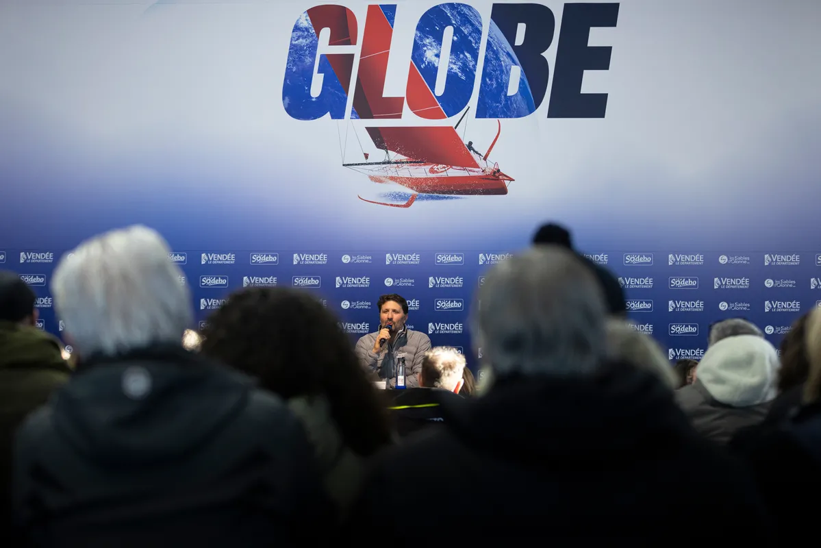 LES SABLES D'OLONNE, FRANCE - JANUARY 15, 2025 : PAPREC ARKÉA skipper Yoann Richomme (FRA) is photographed during his press conference after taking 2nd place in the Vendee Globe, on January 15, 2025 in Les Sables d'Olonne, France - (Photo by Mark Lloyd / Alea)