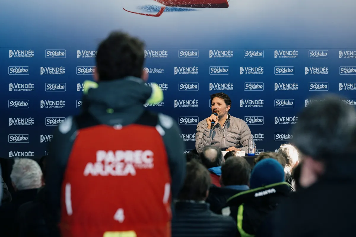 LES SABLES D'OLONNE, FRANCE - JANUARY 15, 2025 : PAPREC ARKÉA skipper Yoann Richomme (FRA) is photographed during his press conference after taking 2nd place in the Vendee Globe, on January 15, 2025 in Les Sables d'Olonne, France - (Photo by Olivier Blanchet / Alea)