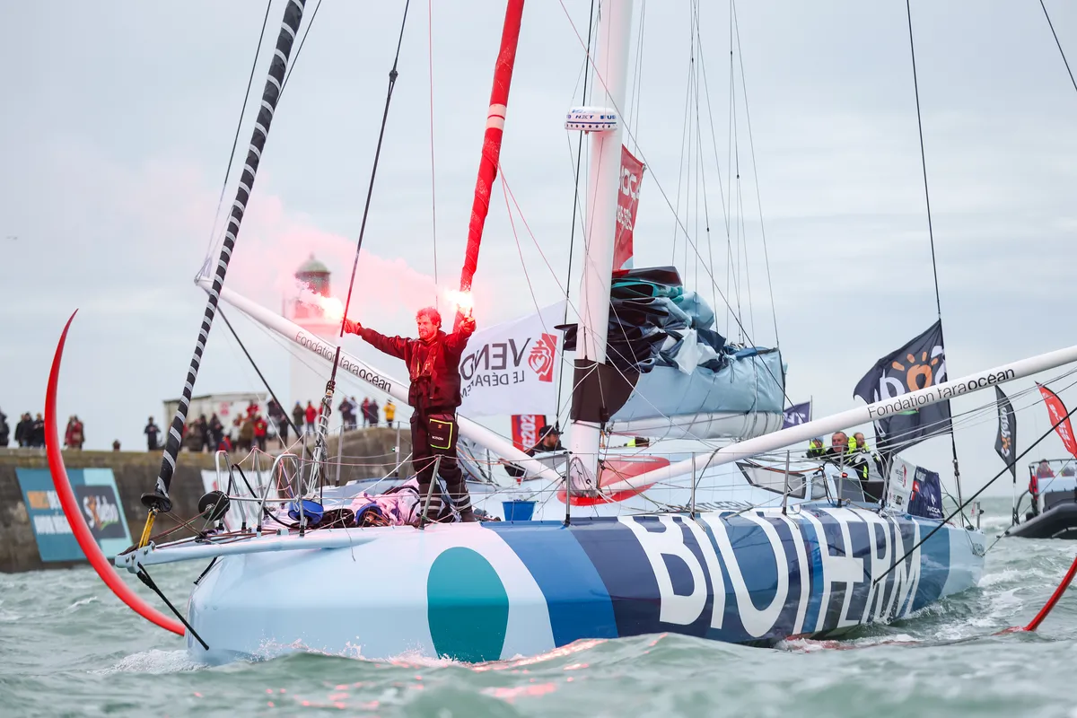 LES SABLES D'OLONNE, FRANCE - JANUARY 24, 2025 : Biotherm skipper Paul Meilhat (FRA) is photographed in the channel after taking 5th place in the Vendee Globe, on January 24, 2025 in Les Sables d'Olonne, France - (Photo by / Alea)