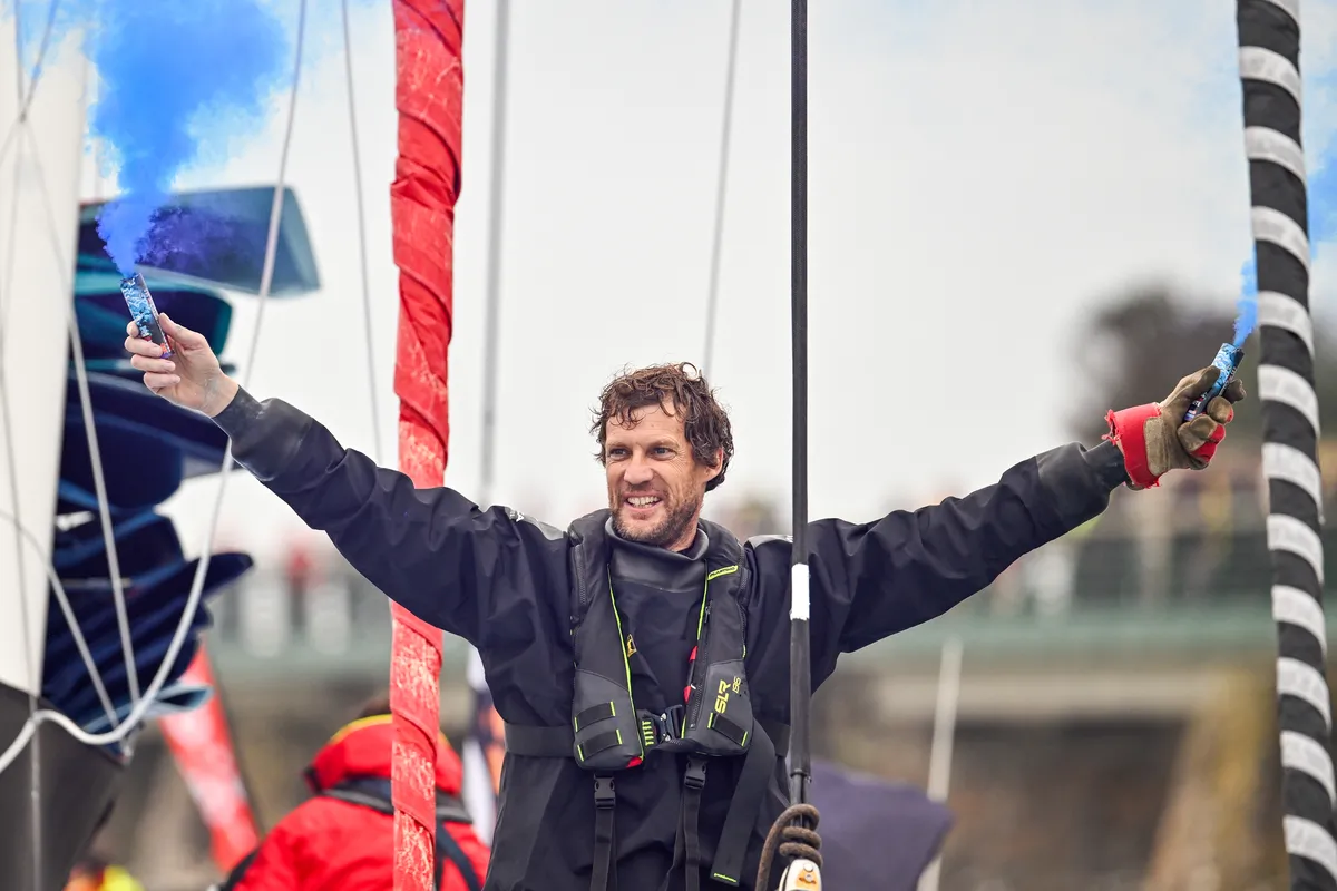 LES SABLES D'OLONNE, FRANCE - JANUARY 24, 2025 : Biotherm skipper Paul Meilhat (FRA) is photographed in the channel after taking 5th place in the Vendee Globe, on January 24, 2025 in Les Sables d'Olonne, France - (Photo by Jean-Louis Carli / Alea)