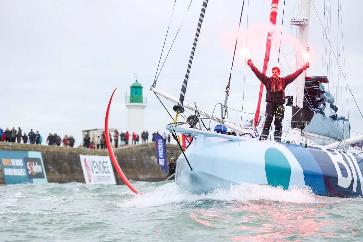 LES SABLES D'OLONNE, FRANCE - JANUARY 24, 2025 : Biotherm skipper Paul Meilhat (FRA) is photographed in the channel after taking 5th place in the Vendee Globe, on January 24, 2025 in Les Sables d'Olonne, France - (Photo by Lloyd Images / Alea)
