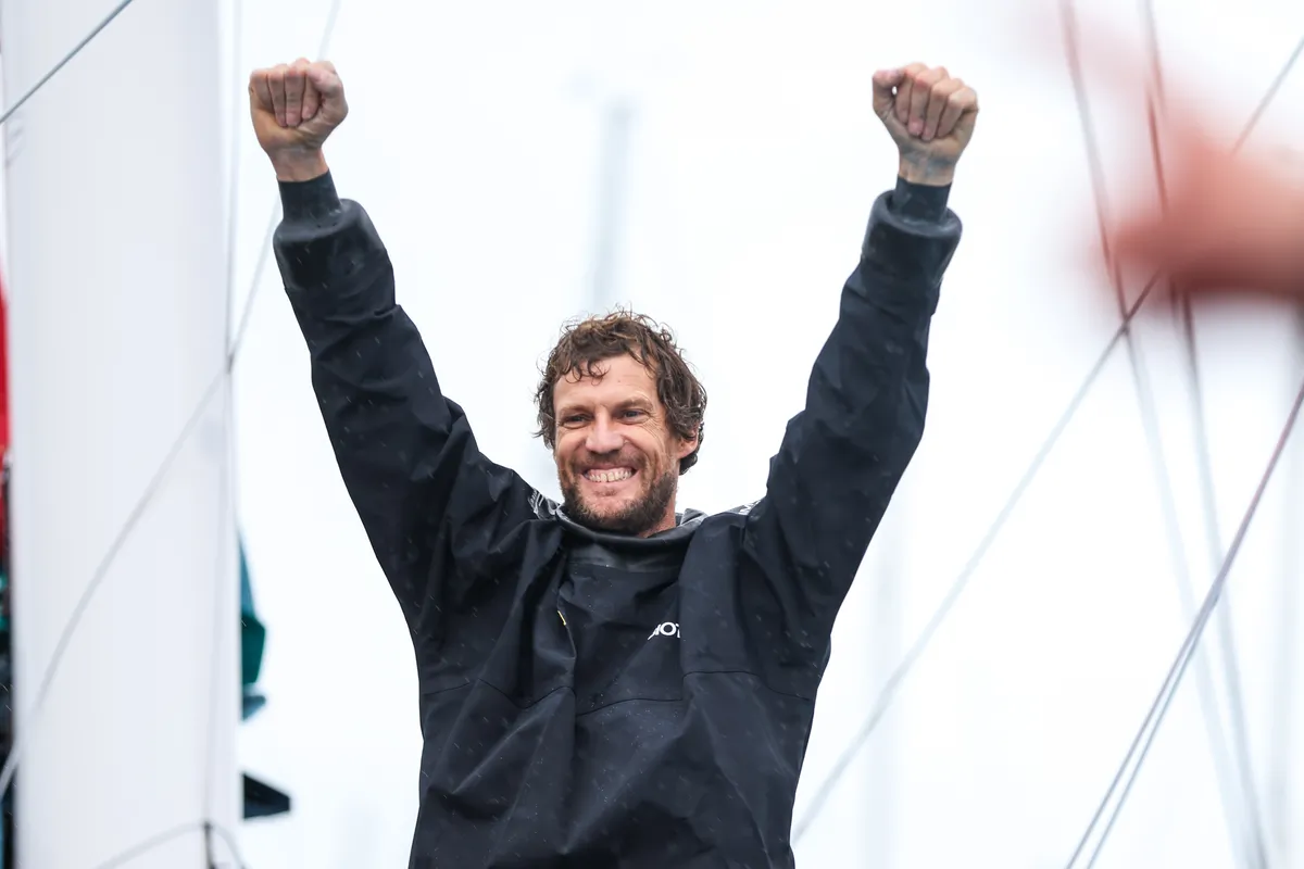 LES SABLES D'OLONNE, FRANCE - JANUARY 24, 2025 : Biotherm skipper Paul Meilhat (FRA) is photographed in the channel after taking 5th place in the Vendee Globe, on January 24, 2025 in Les Sables d'Olonne, France - (Photo by Lloyd Images / Alea)