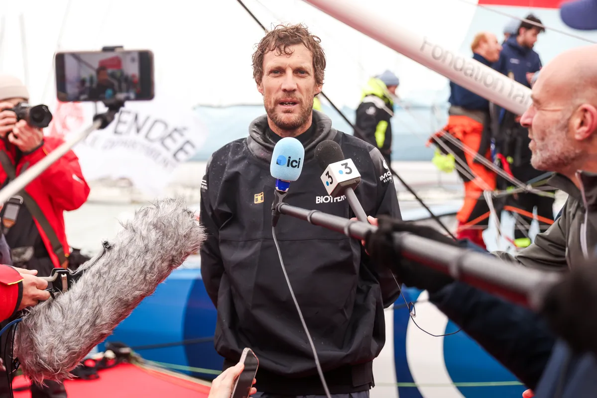 LES SABLES D'OLONNE, FRANCE - JANUARY 24, 2025 : Biotherm skipper Paul Meilhat (FRA) is photographed after taking 5th place in the Vendee Globe, on January 24, 2025 in Les Sables d'Olonne, France - (Photo by Lloyd Images / Alea)