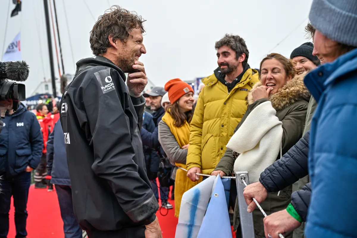 LES SABLES D'OLONNE, FRANCE - JANUARY 24, 2025 : Biotherm skipper Paul Meilhat (FRA) is photographed after taking 5th place in the Vendee Globe, on January 24, 2025 in Les Sables d'Olonne, France - (Photo by Jean-Louis Carli / Alea)