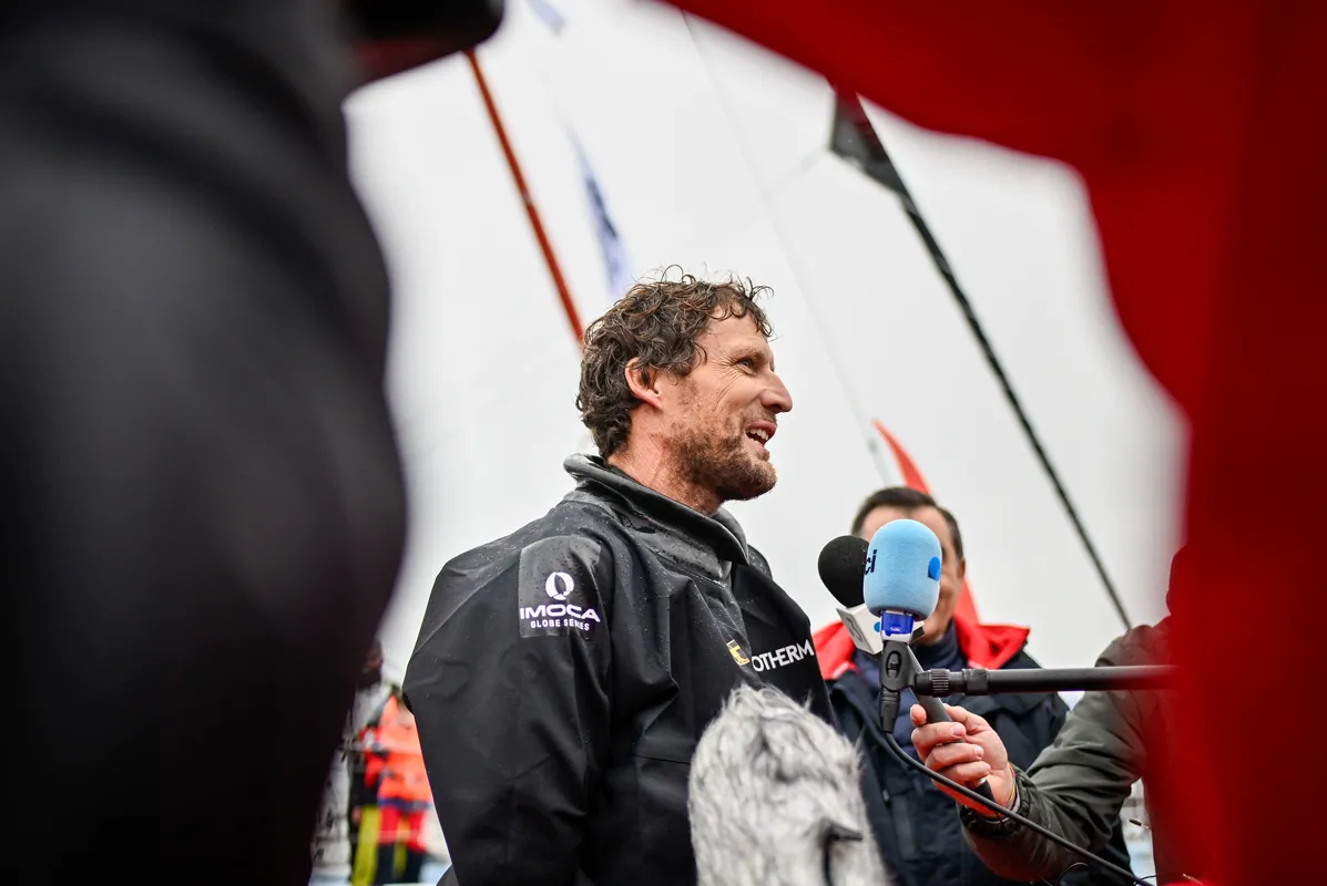 LES SABLES D'OLONNE, FRANCE - JANUARY 24, 2025 : Biotherm skipper Paul Meilhat (FRA) is photographed after taking 5th place in the Vendee Globe, on January 24, 2025 in Les Sables d'Olonne, France - (Photo by Jean-Louis Carli / Alea)