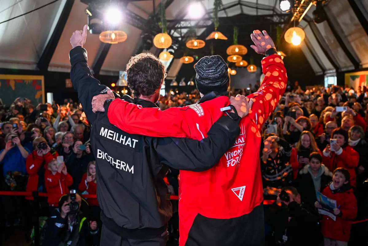 LES SABLES D'OLONNE, FRANCE - JANUARY 24, 2025 : Charal skipper Jérémie Beyou (FRA) and Biotherm skipper Paul Meilhat (FRA) are photographed on stage after taking 4th and 5th places in the Vendee Globe, on January 24, 2025 in Les Sables d'Olonne, France - (Photo by Jean-Louis Carli / Alea)