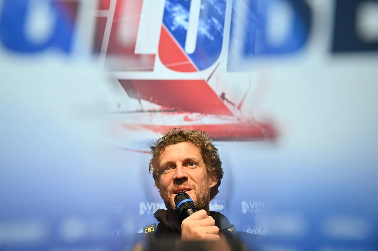 LES SABLES D'OLONNE, FRANCE - JANUARY 24, 2025 : Biotherm skipper Paul Meilhat (FRA) is photographed during his press conference after taking 5th place in the Vendee Globe, on January 24, 2025 in Les Sables d'Olonne, France - (Photo by Jean-Louis Carli / Alea)
