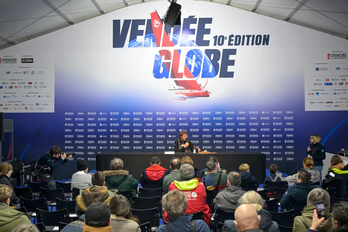 LES SABLES D'OLONNE, FRANCE - JANUARY 24, 2025 : Biotherm skipper Paul Meilhat (FRA) is photographed after taking 5th place in the Vendee Globe, on January 24, 2025 in Les Sables d'Olonne, France - (Photo by Olivier Blanchet / Alea)