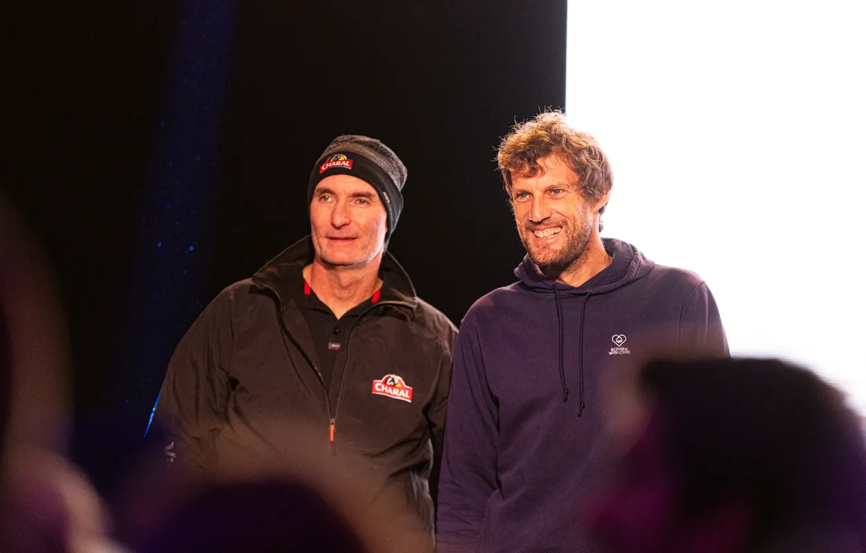 LES SABLES D'OLONNE, FRANCE - 24 JANVIER 2025 : Jérémie Beyou (FRA), skipper de Charal, et Paul Meilhat (FRA), skipper de Biotherm, sont photographiés au Skipper Finisher Club du Vendée Globe, le 24 janvier 2025 aux Sables d'Olonne, France - (Photo by Lloyd images / Alea)