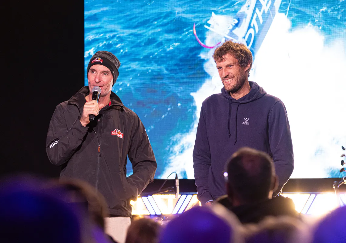 LES SABLES D'OLONNE, FRANCE - 24 JANVIER 2025 : Jérémie Beyou (FRA), skipper de Charal, et Paul Meilhat (FRA), skipper de Biotherm, sont photographiés au Skipper Finisher Club du Vendée Globe, le 24 janvier 2025 aux Sables d'Olonne, France - (Photo by Lloyd images / Alea)