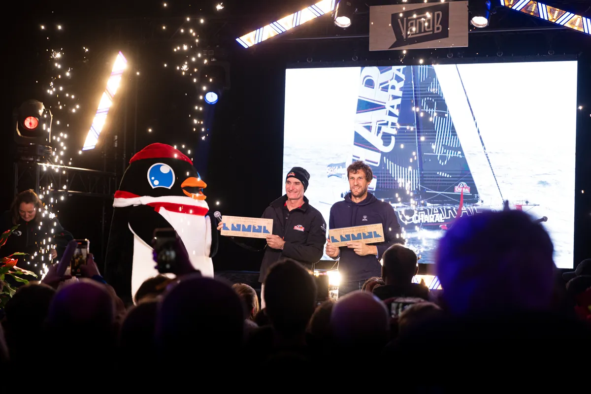 LES SABLES D'OLONNE, FRANCE - 24 JANVIER 2025 : Jérémie Beyou (FRA), skipper de Charal, et Paul Meilhat (FRA), skipper de Biotherm, sont photographiés au Skipper Finisher Club du Vendée Globe, le 24 janvier 2025 aux Sables d'Olonne, France - (Photo by Lloyd images / Alea)