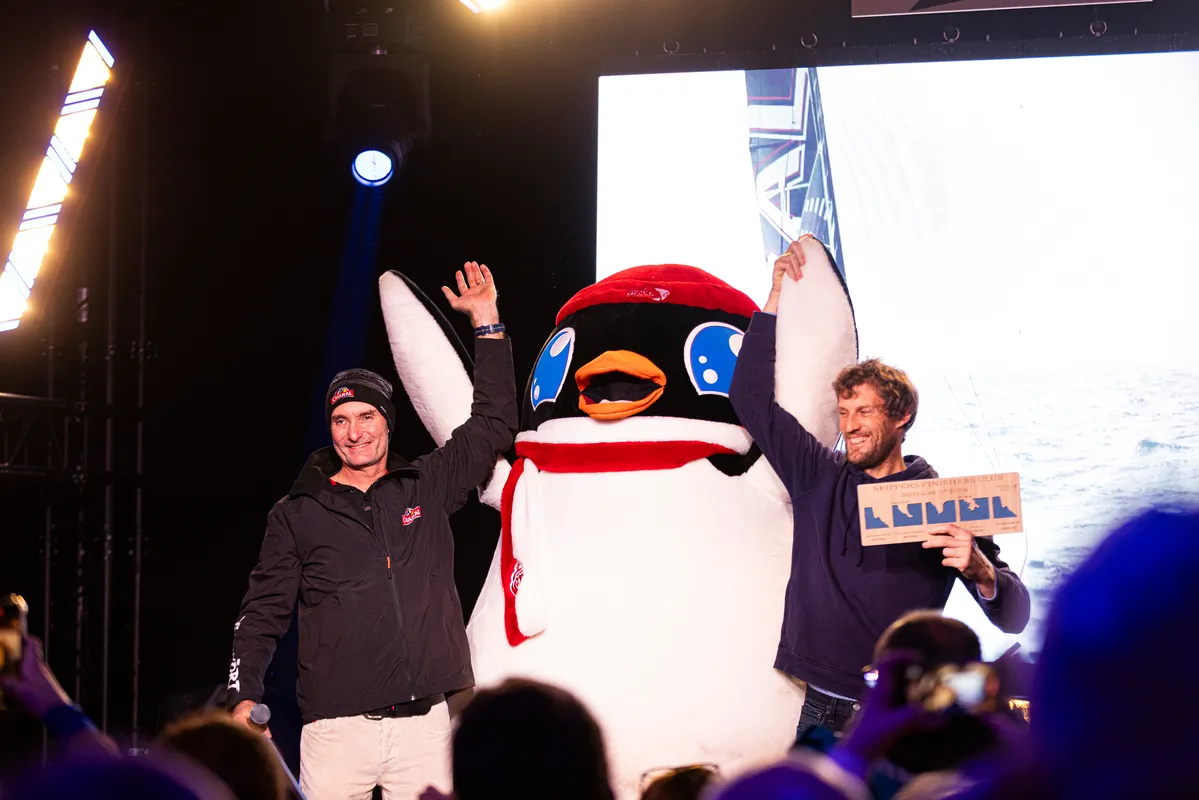 LES SABLES D'OLONNE, FRANCE - 24 JANVIER 2025 : Jérémie Beyou (FRA), skipper de Charal, et Paul Meilhat (FRA), skipper de Biotherm, sont photographiés au Skipper Finisher Club du Vendée Globe, le 24 janvier 2025 aux Sables d'Olonne, France - (Photo by Lloyd images / Alea)
