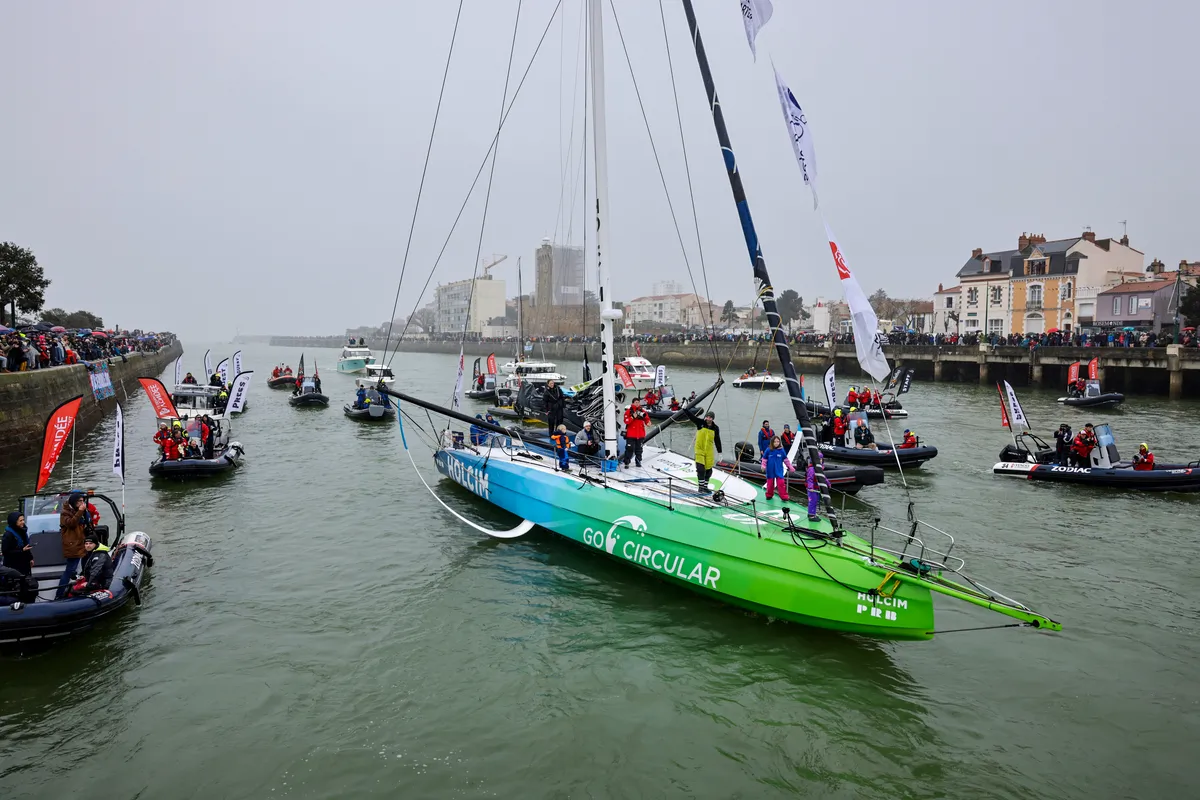 LES SABLES D'OLONNE, FRANCE - JANUARY 25, 2025 : HOLCIM - PRB skipper Nicolas Lunven (FRA) is celebrating in the channel after taking 6th place in the Vendee Globe, on January 25, 2025 in Les Sables d'Olonne, France - (Photo by Anne Beauge / Alea)