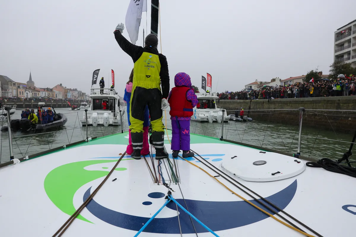 LES SABLES D'OLONNE, FRANCE - JANUARY 25, 2025 : HOLCIM - PRB skipper Nicolas Lunven (FRA) is celebrating in the channel after taking 6th place in the Vendee Globe, on January 25, 2025 in Les Sables d'Olonne, France - (Photo by Jean-Marie Liot / Alea)