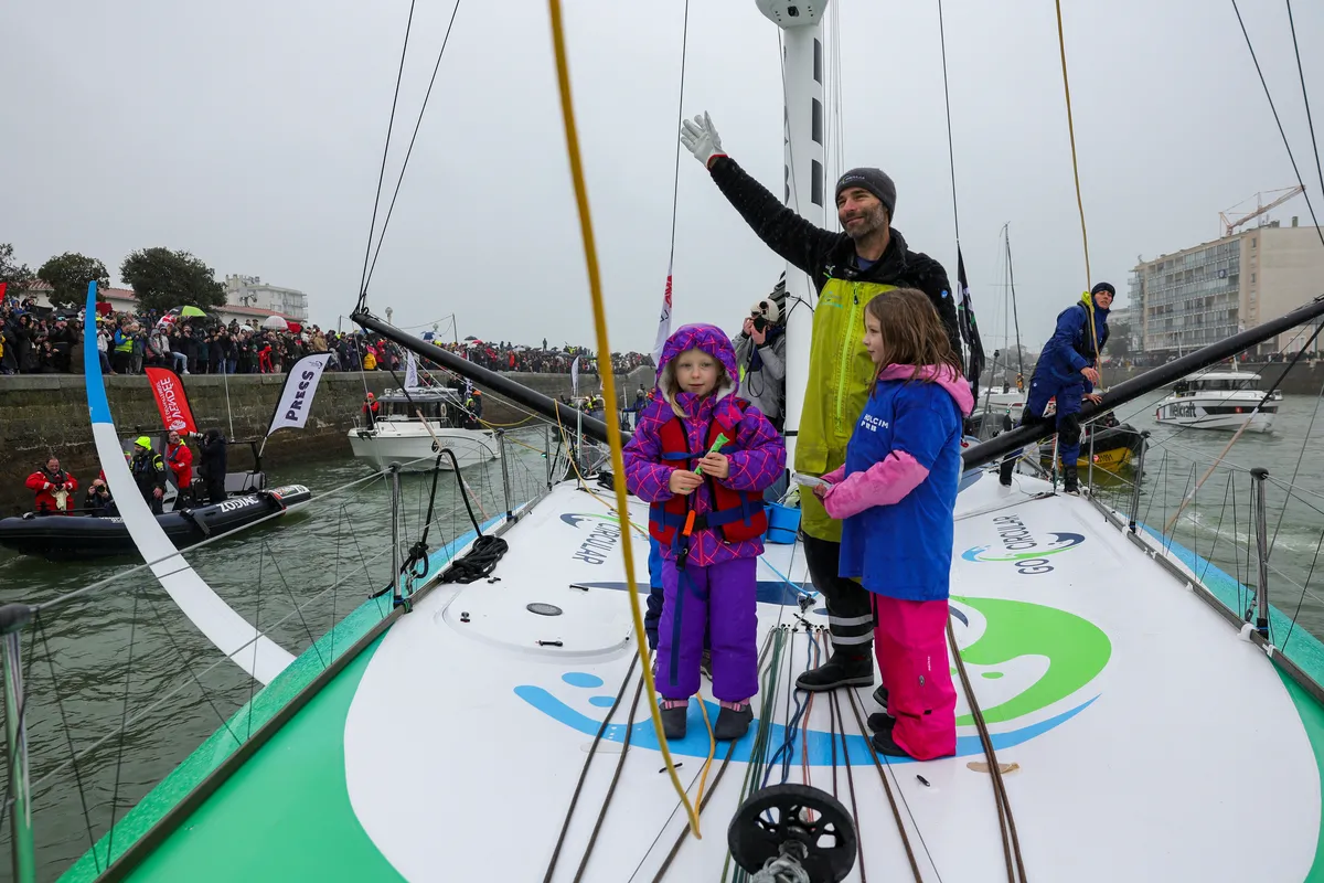 LES SABLES D'OLONNE, FRANCE - JANUARY 25, 2025 : HOLCIM - PRB skipper Nicolas Lunven (FRA) is celebrating in the channel after taking 6th place in the Vendee Globe, on January 25, 2025 in Les Sables d'Olonne, France - (Photo by Jean-Marie Liot / Alea)