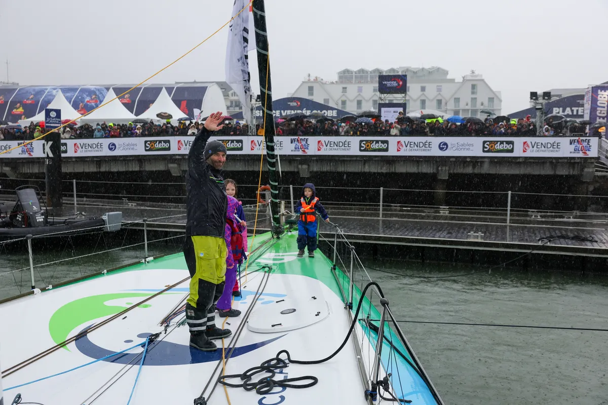 LES SABLES D'OLONNE, FRANCE - JANUARY 25, 2025 : HOLCIM - PRB skipper Nicolas Lunven (FRA) is photographed after taking 6th place in the Vendee Globe, on January 25, 2025 in Les Sables d'Olonne, France - (Photo by Jean-Marie Liot / Alea)