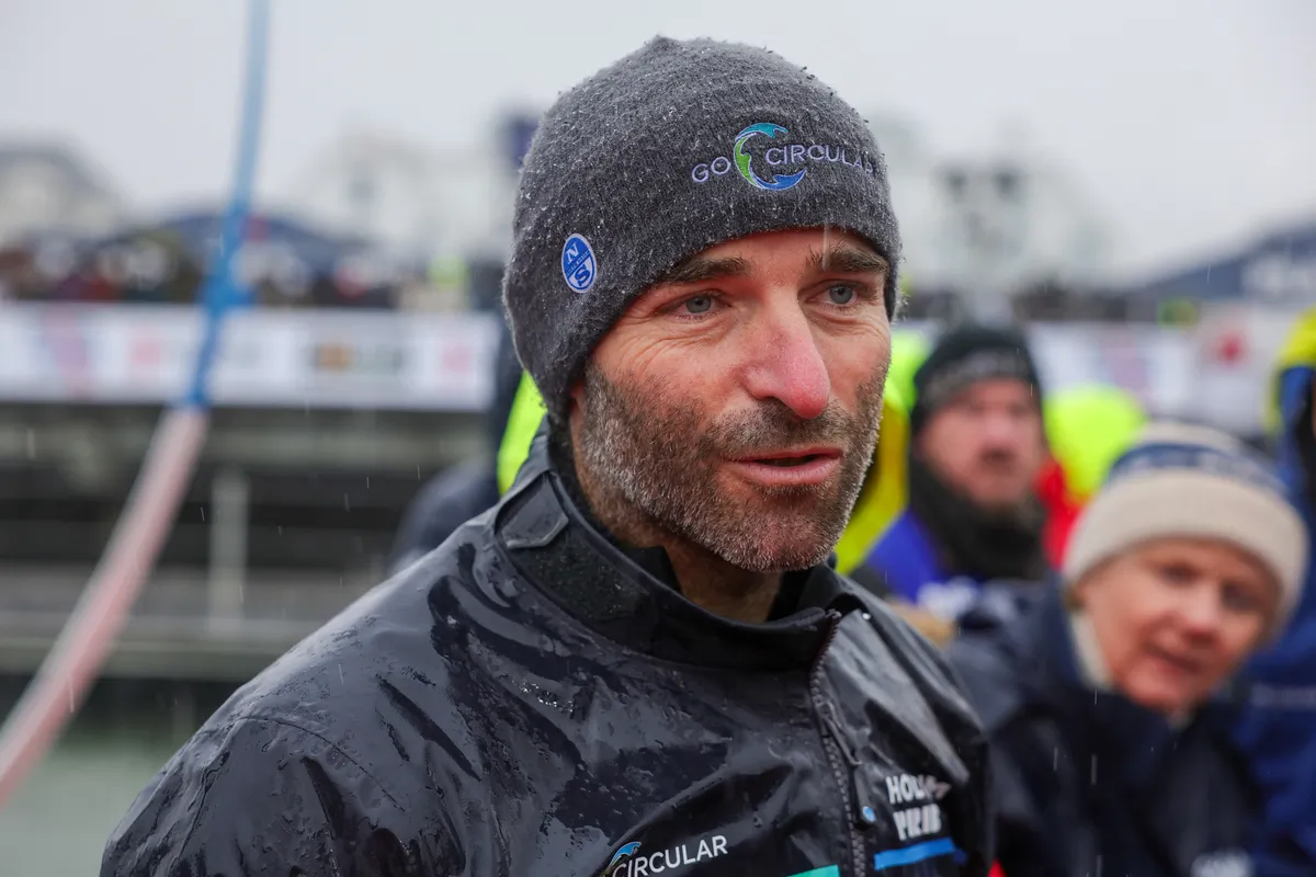 LES SABLES D'OLONNE, FRANCE - JANUARY 25, 2025 : HOLCIM - PRB skipper Nicolas Lunven (FRA) is being interviewed by media after taking 6th place in the Vendee Globe, on January 25, 2025 in Les Sables d'Olonne, France - (Photo by Jean-Marie Liot / Alea)