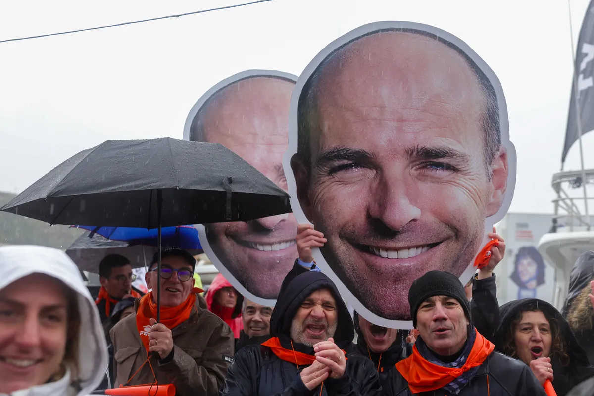 LES SABLES D'OLONNE, FRANCE - JANUARY 25, 2025 : HOLCIM - PRB skipper Nicolas Lunven (FRA) fans are photographed after he takes 6th place in the Vendee Globe, on January 25, 2025 in Les Sables d'Olonne, France - (Photo by Jean-Marie Liot / Alea)