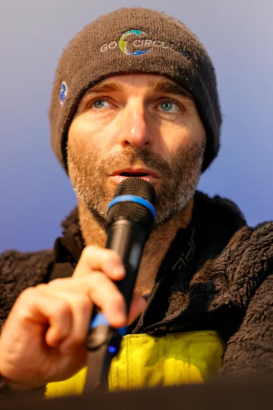 LES SABLES D'OLONNE, FRANCE - JANUARY 25, 2025 : HOLCIM - PRB skipper Nicolas Lunven (FRA) is photographed during his press conference after taking 6th place in the Vendee Globe, on January 25, 2025 in Les Sables d'Olonne, France - (Photo by Anne Beauge / Alea)