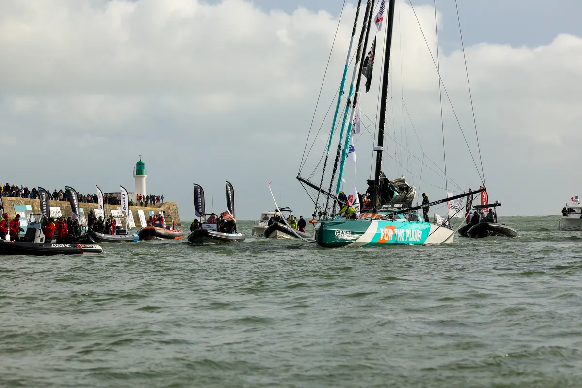 LES SABLES D'OLONNE, FRANCE - JANUARY 25, 2025 : VULNERABLE skipper Sam Goodchild (GBR) is photographed after taking 9th place in the Vendee Globe, on January 25, 2025 in Les Sables d'Olonne, France - (Photo by Jean-Marie Liot / Alea)