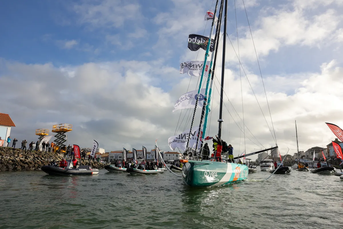 LES SABLES D'OLONNE, FRANCE - JANUARY 25, 2025 : VULNERABLE skipper Sam Goodchild (GBR) is photographed after taking 9th place in the Vendee Globe, on January 25, 2025 in Les Sables d'Olonne, France - (Photo by Jean-Marie Liot / Alea)