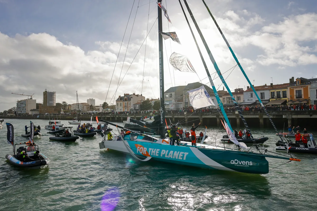 LES SABLES D'OLONNE, FRANCE - JANUARY 25, 2025 : VULNERABLE skipper Sam Goodchild (GBR) is photographed after taking 9th place in the Vendee Globe, on January 25, 2025 in Les Sables d'Olonne, France - (Photo by Anne Beauge / Alea)