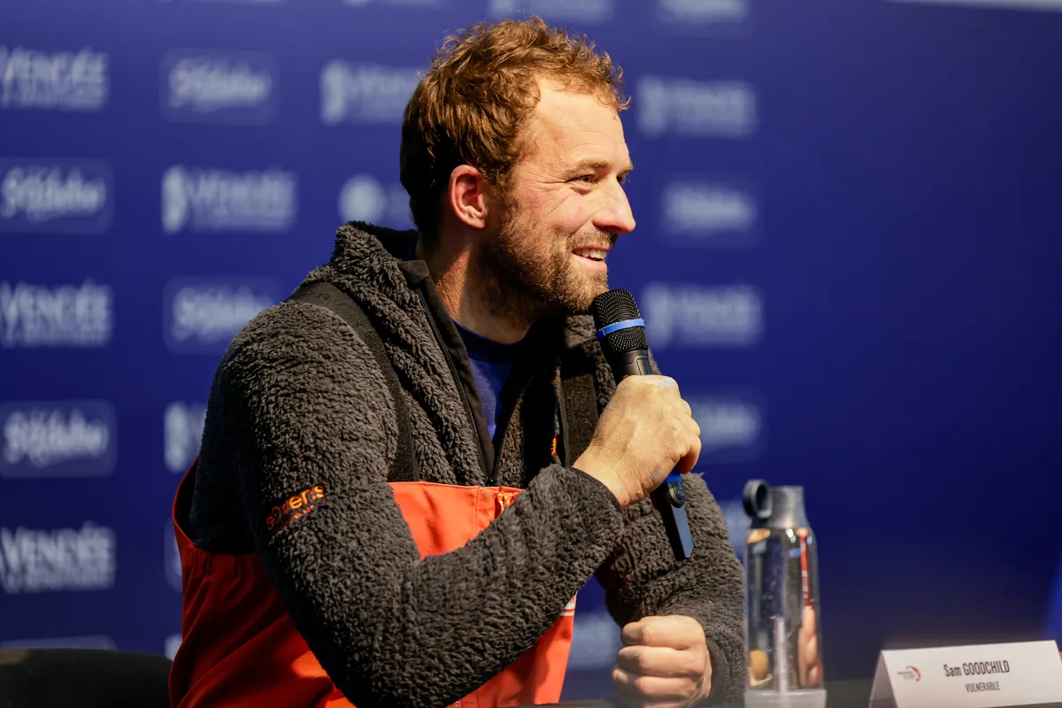 LES SABLES D'OLONNE, FRANCE - JANUARY 25, 2025 : VULNERABLE skipper Sam Goodchild (GBR) is photographed during his press conference after taking 9th place in the Vendee Globe, on January 25, 2025 in Les Sables d'Olonne, France - (Photo by Anne Beauge / Alea)